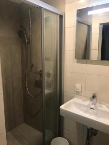 ein Bad mit einer Dusche und einem Waschbecken in der Unterkunft Appartements Hirner in Fügen
