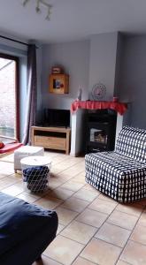 ein Wohnzimmer mit einem Sofa und einem Kamin in der Unterkunft L'air pur 1 in Roisin