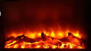 a close up of a fire burns in a fireplace at Apartamenty u centri Lvova - Lviv in Lviv