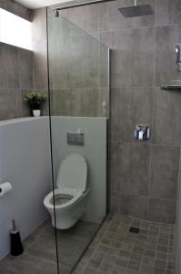 y baño con aseo y cabina de ducha de cristal. en 808 St Tropez, en Ciudad del Cabo