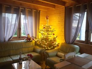 a christmas tree in a living room with a couch and a christmas tree at Cztery Pory Roku in Trzęsacz
