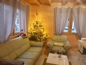 a living room with a christmas tree and a couch at Cztery Pory Roku in Trzęsacz