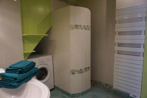 アルルにあるMaison Typiquement Arlésienneのバスルーム(洗濯機、青いタオル付)