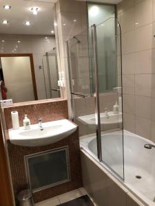 a bathroom with a sink and a shower and a tub at Apartament Wilnianka in Krynica Zdrój