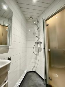 ein Bad mit einer Dusche und einem Waschbecken in der Unterkunft Syöte Igloos in Syöte