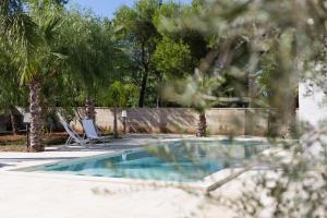 una piscina con due sedie a sdraio e alberi di Casa Litarà a Cutrofiano