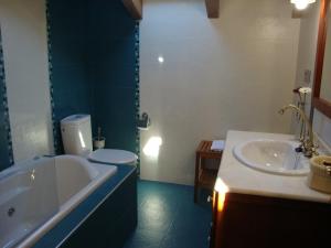 a bathroom with a tub and a toilet and a sink at Apartamentos Rurales Posada de las Hoces in Bustiello de Paredes