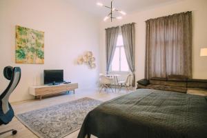 ein Schlafzimmer mit einem Bett, einem TV und einem Sofa in der Unterkunft Entrez Apartment 3 - Historical Centre in Košice