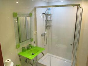 a bathroom with a shower and a green sink at quarto suite em Belém in Lisbon