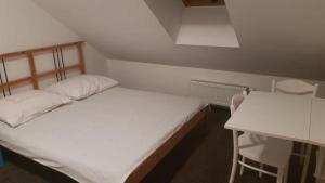 a small room with a bed and a desk at Dylewianka in Wysoka Wieś