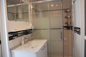 a bathroom with a sink and a shower at Maison MAHECO in Gujan-Mestras
