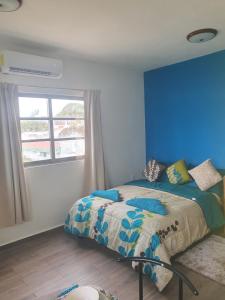 a bedroom with a bed with a blue wall at El Malecon, Central Mini Apartments in Isla Mujeres