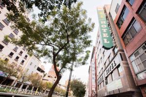 un árbol en medio de una calle con edificios en Riverside Hotel, en Kaohsiung