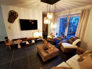 a living room with a couch and a tv at L'Atelier in Houyet