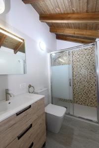 a bathroom with a shower and a toilet and a sink at Casa Rural Los Frailes in Los Llanillos