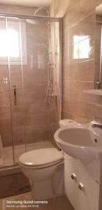 a bathroom with a toilet and a sink and a shower at Ble Mavi - Studio for 2 in Vouni +147 photos