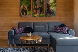 a living room with a blue couch and a table at Apartamenty widokowe "u Homera" in Zakopane