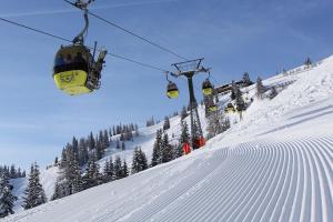 einen Skilift mit Menschen auf einer schneebedeckten Piste in der Unterkunft Natur- & Auszeithotel Hüttenwirt in Hüttschlag