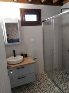 a bathroom with a sink and a glass shower at Olympus Country House in Kariá