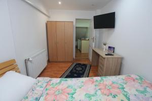 a bedroom with a bed and a desk and a television at Apartman Carpe Diem 2 in Zaječar