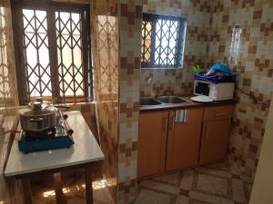 a kitchen with a stove and a microwave on a counter at Private Executive Apartments in Accra
