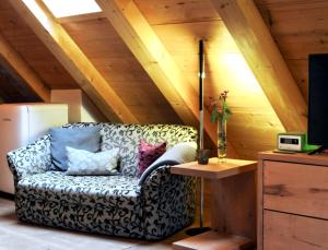 un sofá en una habitación con techo de madera en Zuhäusl am Chiemsee Appartements, en Breitbrunn am Chiemsee