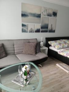 a living room with a couch and a glass table at Our Haven in 1220 in Vienna