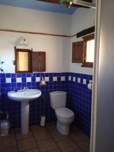 Baño de azulejos azules con aseo y lavamanos en Masico Santana en Todolella