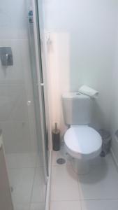 a white bathroom with a toilet and a shower at Suites Metrô Luz in Sao Paulo