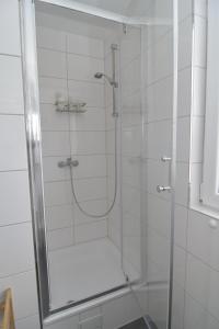 bagno con doccia e porta in vetro di Kleine Ferienwohnung Bederkesa a Bad Bederkesa