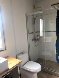 Un baño con inodoro y ducha de cristal. en La Bruna, en Balneario Buenos Aires