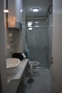een badkamer met een douche, een wastafel en een douche bij Apartman Dejna in Sarajevo
