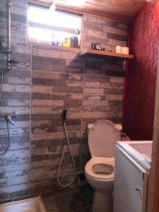 Appartement du Chalet في Koungou: حمام به مرحاض وجدار خشبي +17 صورة