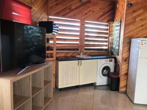 Appartement du Chalet في Koungou: مطبخ مع غسالة ومجفف في الغرفة