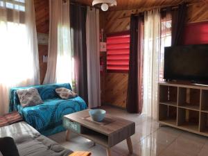 Appartement du Chalet في Koungou: غرفة معيشة مع أريكة زرقاء وتلفزيون