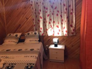 Appartement du Chalet في Koungou: غرفة نوم بسريرين ونافذة بها ستائر