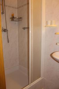 a shower with a glass door next to a sink at Breeden Steeger Hoeve in Lichtervelde