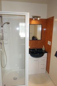 a bathroom with a sink and a shower with a mirror at Beachside Villas Motel in Nelson
