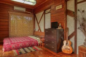 een slaapkamer met een bed en een televisie en een gitaar bij 435 in Ishigaki Island
