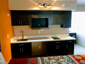 a kitchen with black cabinets and a sink at Tropical Inn & Suites, downtown clearwater in Clearwater
