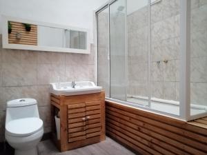 a bathroom with a toilet and a shower and a sink at Hostal Rama & CaStle in Valparaíso