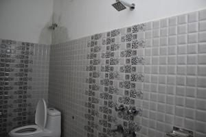 a bathroom with a toilet and a tiled wall at Hotel Sunset in Orchha