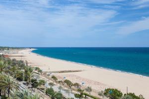 - une vue sur la plage bordée de palmiers et l'océan dans l'établissement Ibersol Sorra d'Or, à Malgrat de Mar