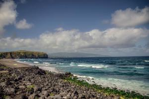 a beach with rocks and the ocean on a cloudy day at Hotel Verde Mar & SPA in Ribeira Grande