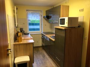 een keuken met een magnetron en een koelkast bij Sonnenblick in Bastorf
