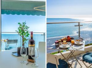 una mesa con una botella de vino y una mesa con copas de vino en MY CASA - PROM 199, en Niza