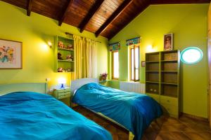 two beds in a room with green walls at Diktamos Villas in Atsipopoulo