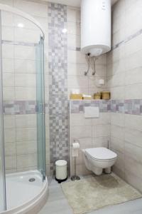 een badkamer met een toilet en een glazen douche bij Studio Apartment Gea Tour As Ljubljana in Ljubljana
