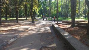 Due persone che camminano per una strada in un parco di Loft возле парка, стадиона и озера a Ivano-Frankivsʼk