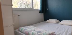 a small bed with two pillows and a window at Triplex E12 Résidence Les Lauzes - Les Menuires - Croisette in Les Menuires